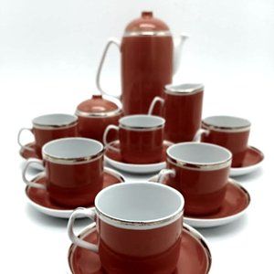 MCM Hollohaza Hungary Burgundy Gold Espresso Set Pot Cups Sugar Creamer
